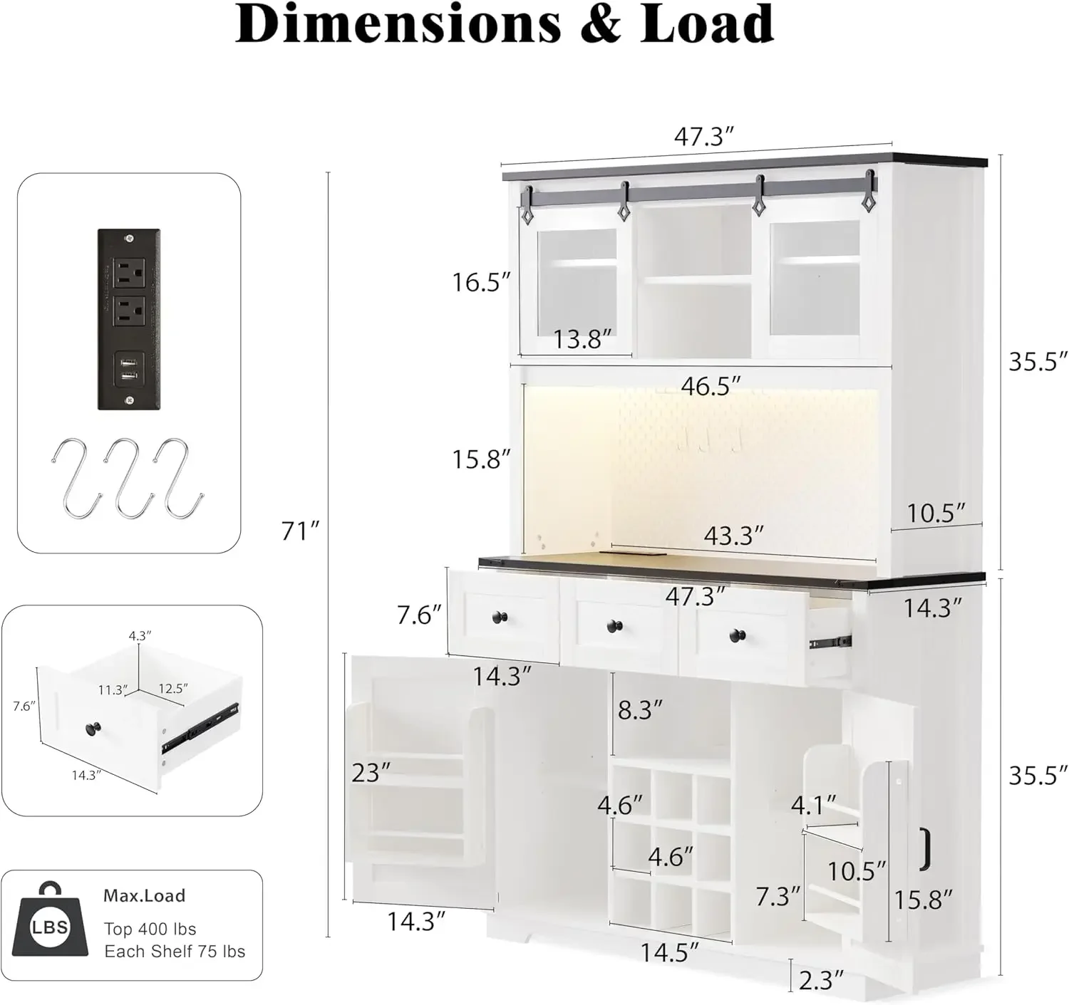 Farmhouse Kitchen Pantry Storage Cabinet 71-Inch Tall Hutch Cabinet with Microwave Stand,LED Light Rustic Coffee Bar, White Oak