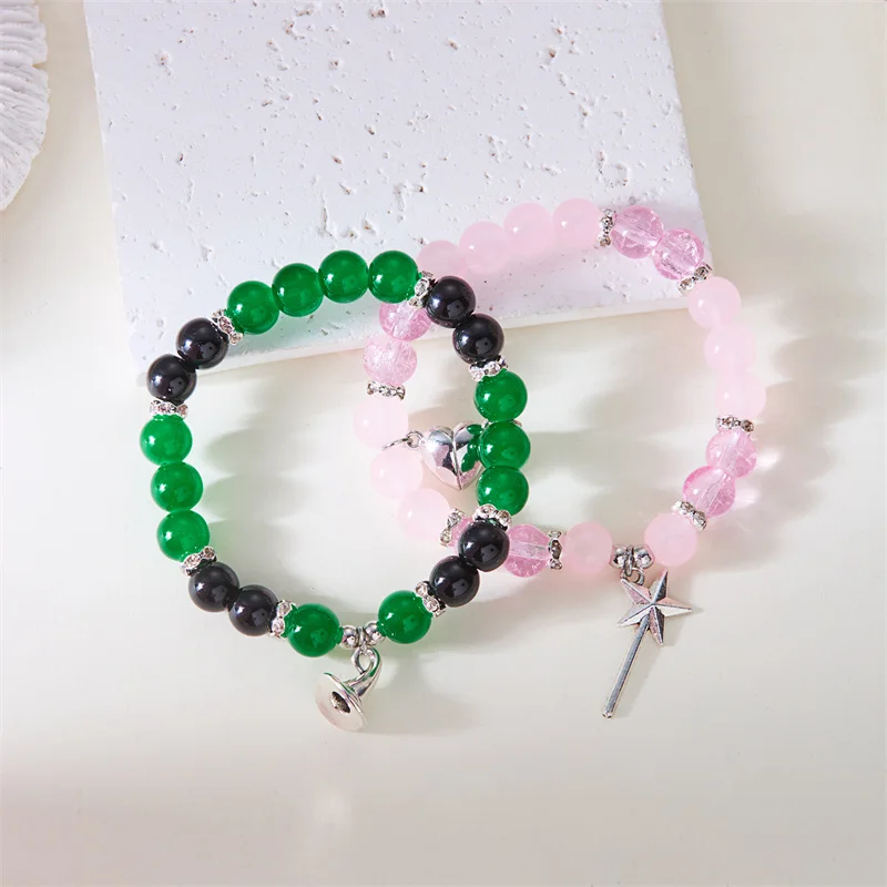 

2pcs Magic Stick Hat Crown Matching Bracelets for Women Sweet Pink Green Bead Handmade Stretch Bracelet BFF Jewelry Gifts