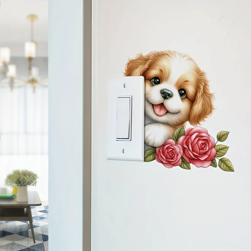 1pc Adorable Puppy Switch Stickers Bedroom Living Room Light Switch Decals Cartoon Animal Home Decoration Wterproof Wall Sticker