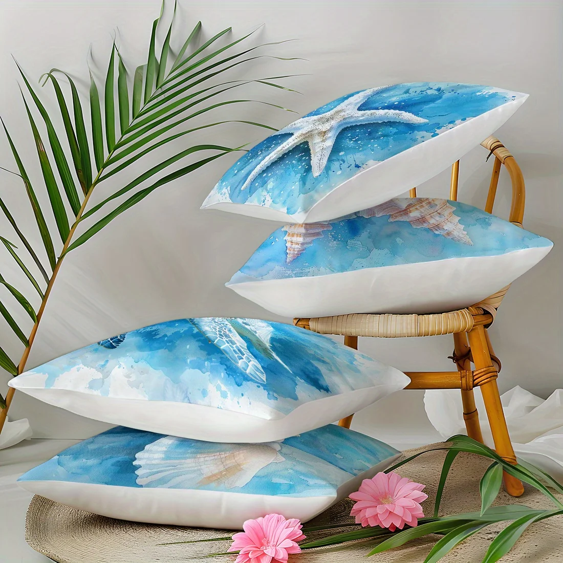 Boho Ocean Print Throw Pillow Covers Set 4 Pack Starfish Seashell Sea Turtle Coastal Nautical Home Decor Cushion Polyester