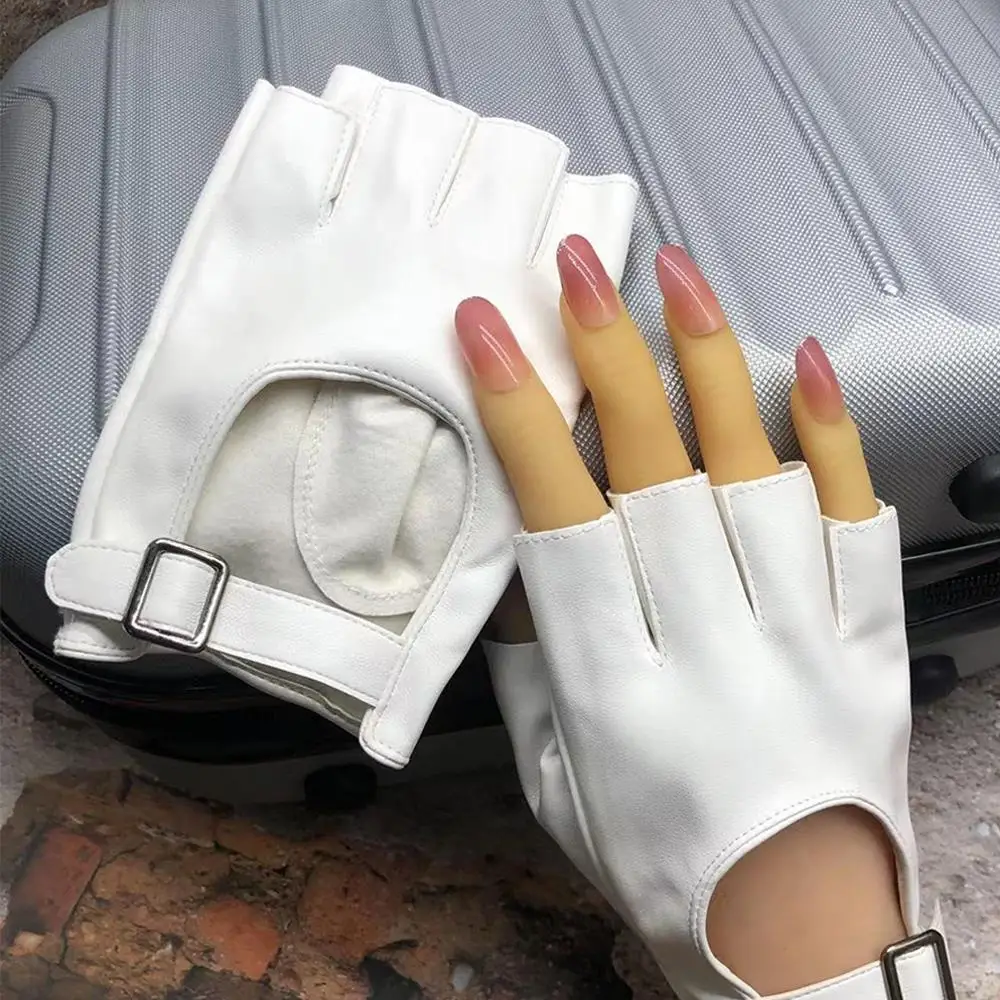 قفازات مقاومة للماء بدون أصابع، عروض المسرح، قفازات الرقص، مشبك مربع، نصف إصبع من جلد البولي يوريثان، لون سادة، زوج واحد من أزياء تنكرية #2