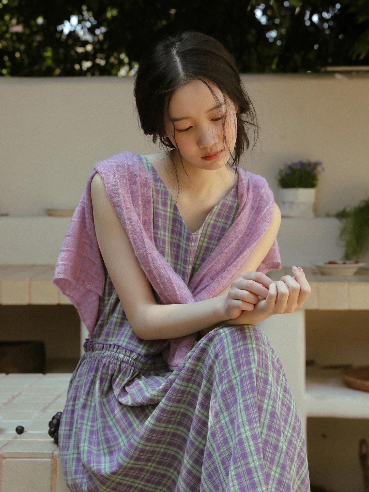 LLANO Retro Plaid Vest Dress Vine Purple Pattern Sleeveless Lazy Vacation Midi Skirt Women Summer High Waist G Viscose Dress