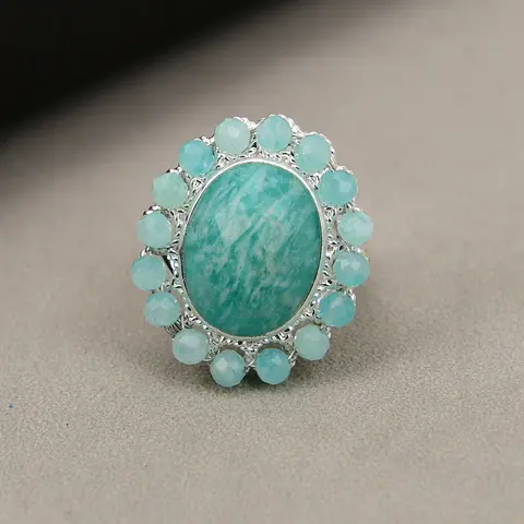 G-G Natural Green Amazonite Stone Oval Shape Faceted Gems Adjustable Rings Gifts For Women