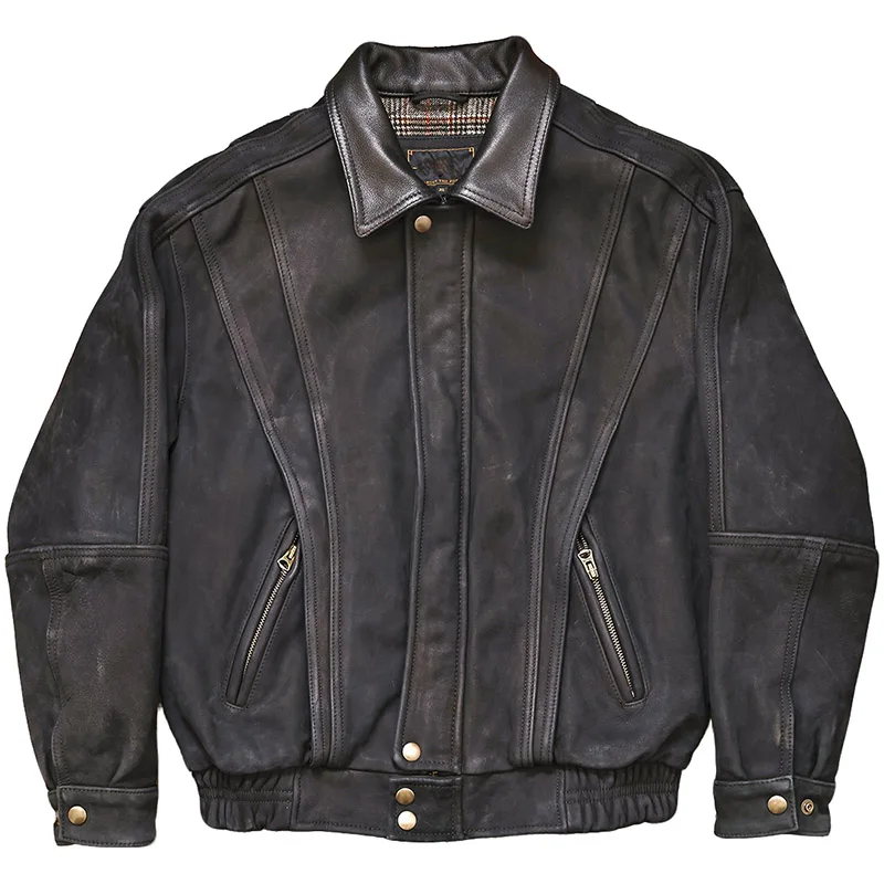 

Black Winter Leather Jacket Men Retro Vintage Style Plus Size 5XL Genuine Natural Cow Suede Loose Turn-Down Collar Leather Coat