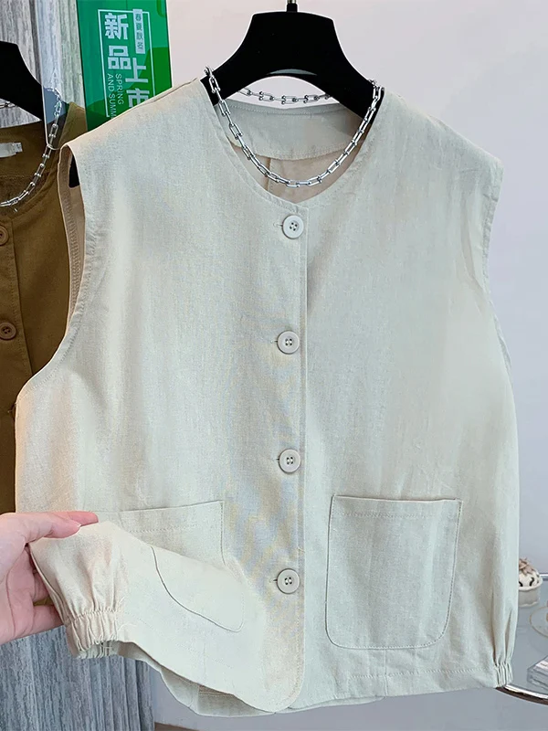 Workwear Style Cotton Linen Vest Thin Outerwear Shoulder Length Layering Women's plus Size Fashion Autumn New Arrival
