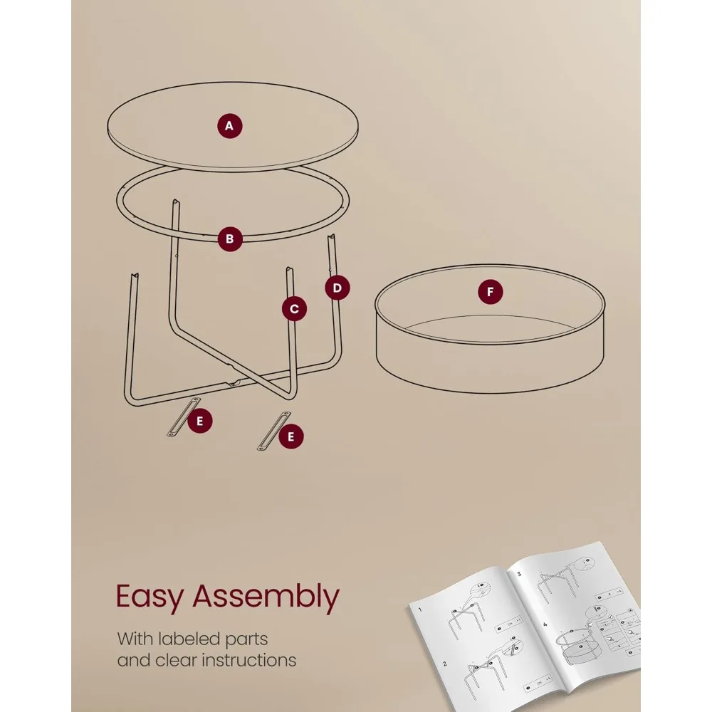 طاولة قهوة مع مساحة تخزين، طاولة مركزية مستديرة لغرفة المعيشة مع سلة قماش، طراز حديث، إطار معدني، أبيض غير لامع وكاليفورنيا
