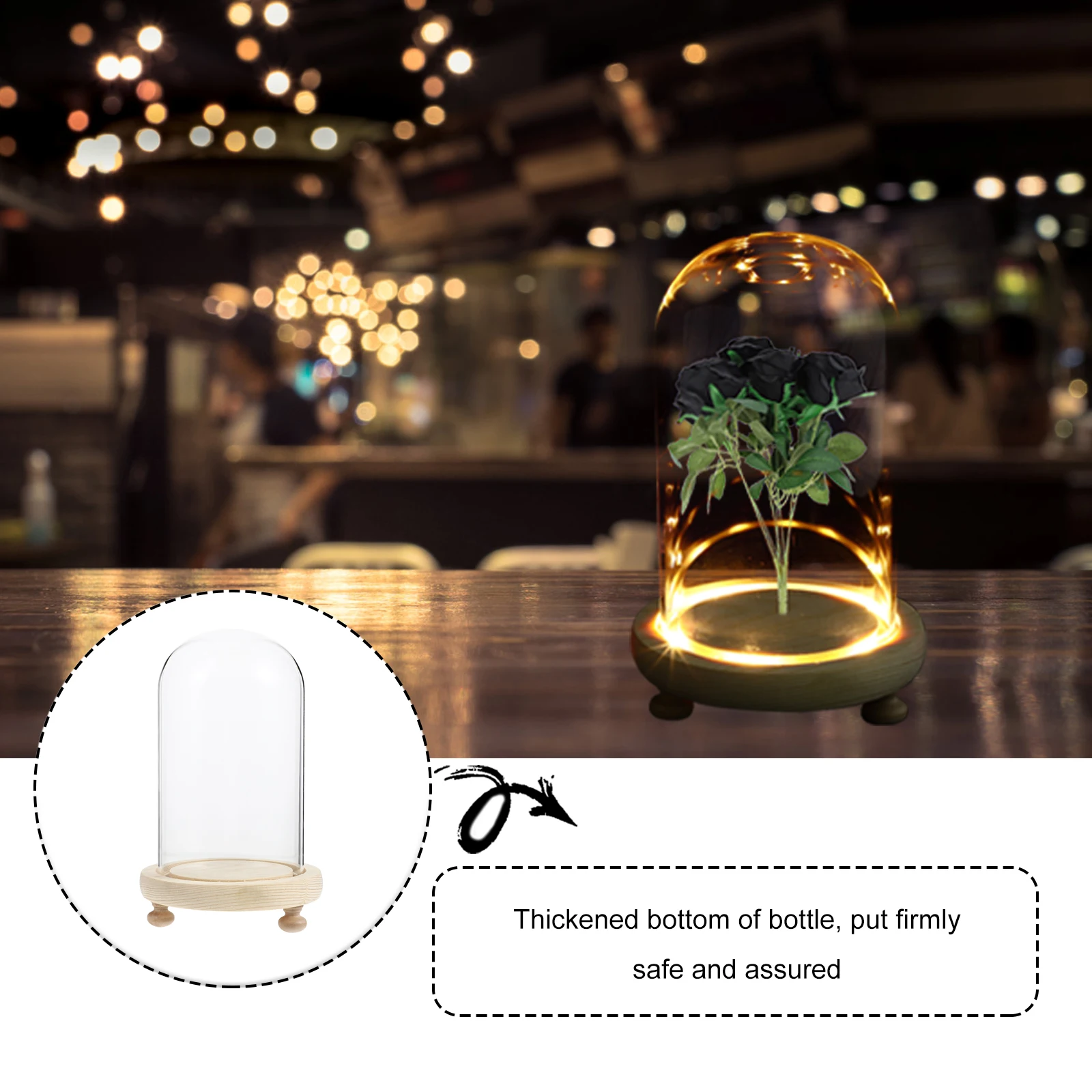 

Desktop Preserved Flower Glass Cover Decor Wedding Ceremony Craft Wood Base Flat Bottom Exquisite Design Compact Space
