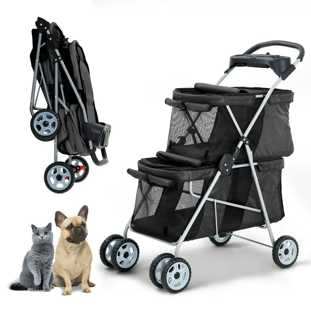 

Четырехколесная коляска для домашних животных для маленьких и средних собак, переноска для путешествий с держателем для стакана, подходит для двух питомцев, черная
