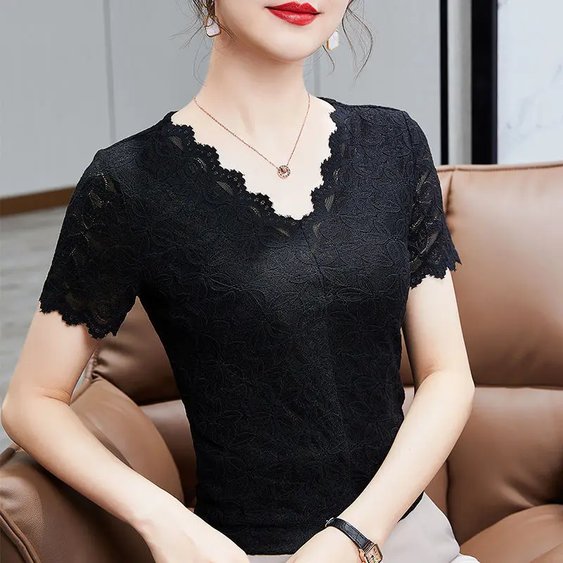 

SALE Summer Short Sleeved V-Neck Lace Tops Shirt Fashion Casual Hollow Out Women's T-Shirt