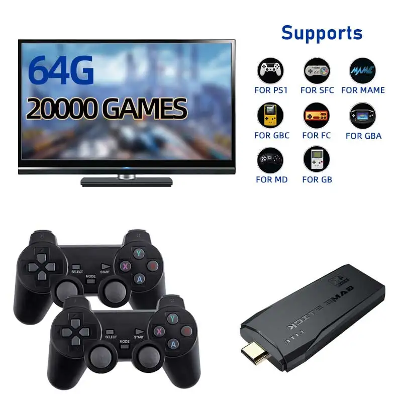 Video Game Console TV HD Game Stick 64GB 20000 Retro Games For GBA/MAME/SEGA Everdrive Save/Search/Adding For Children Gift