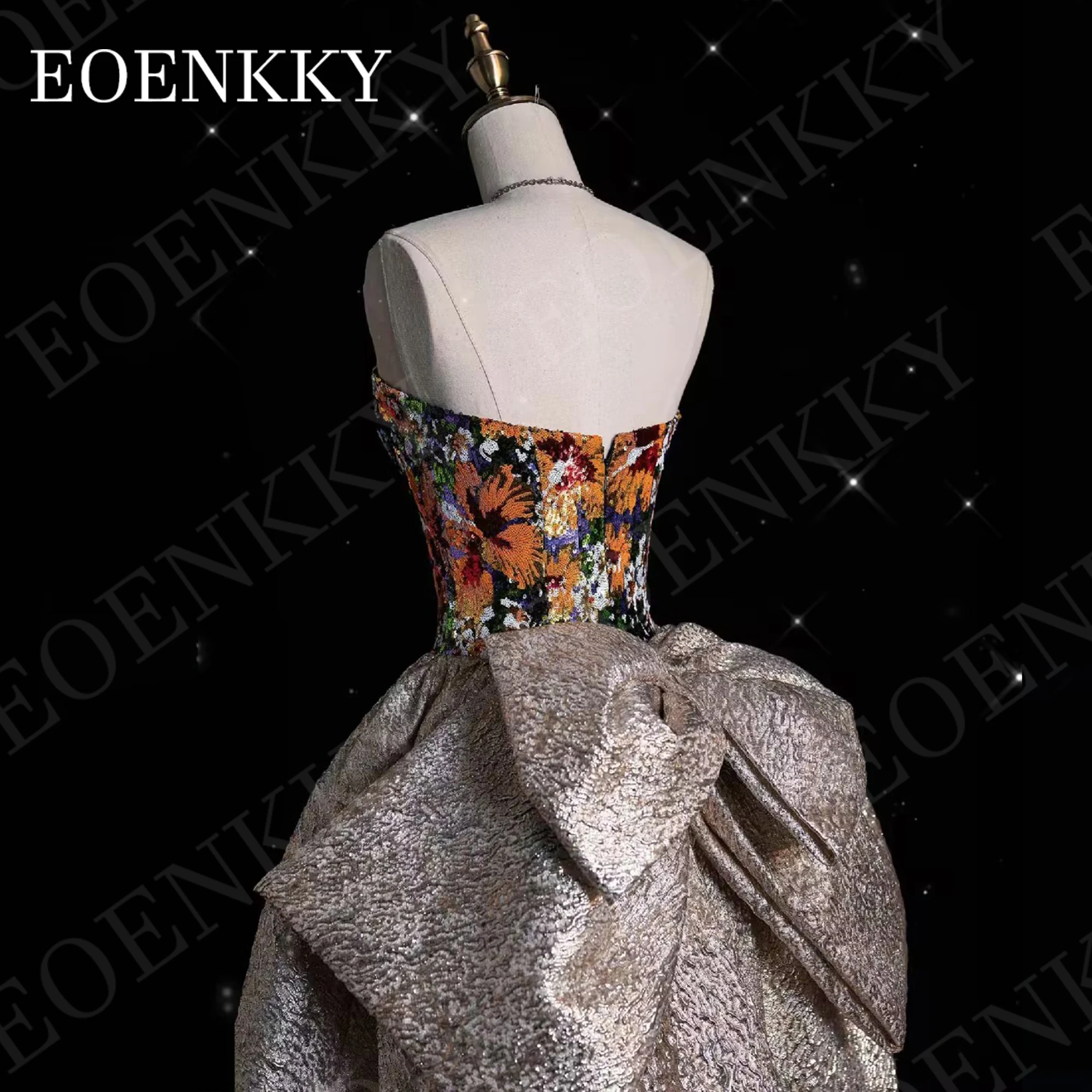 Robe de Rhde luxe A-Line à paillettes florales robes de banquet sans bretelles longueur au sol nœud en fibre dos ouvert Luxe a - ligne robe de bal sequin fleur bretelles au sol robe de banquet avec arc sans manches par