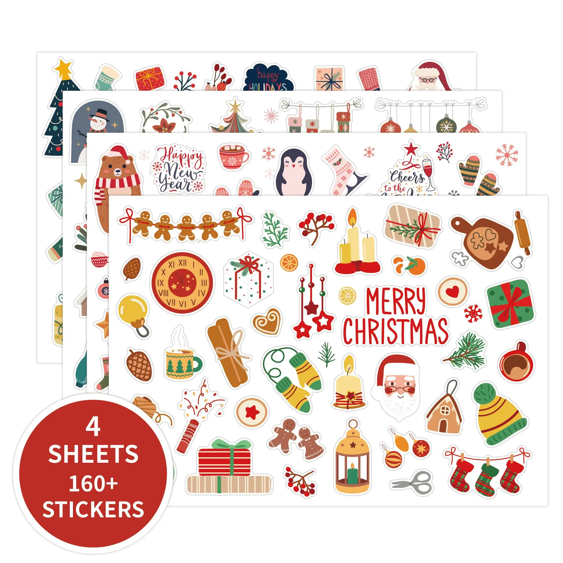 

4sheets/set Christmas Stickers Xmas Party Supplies, Christmas Decorations Gifts, Wreaths Stickers for Scrapbook, Cards, Journals
