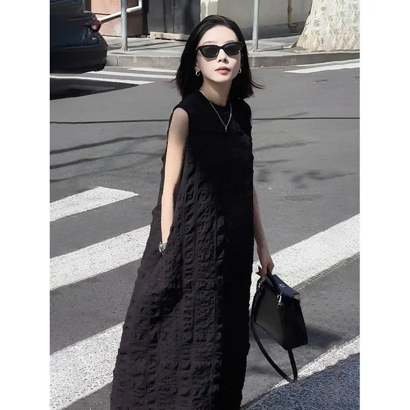 

plus Size Summer Sleeveless Vest Dress Women Loose Hepburn Style Long Dress A-Line Skirt Korean Version Casual Wear