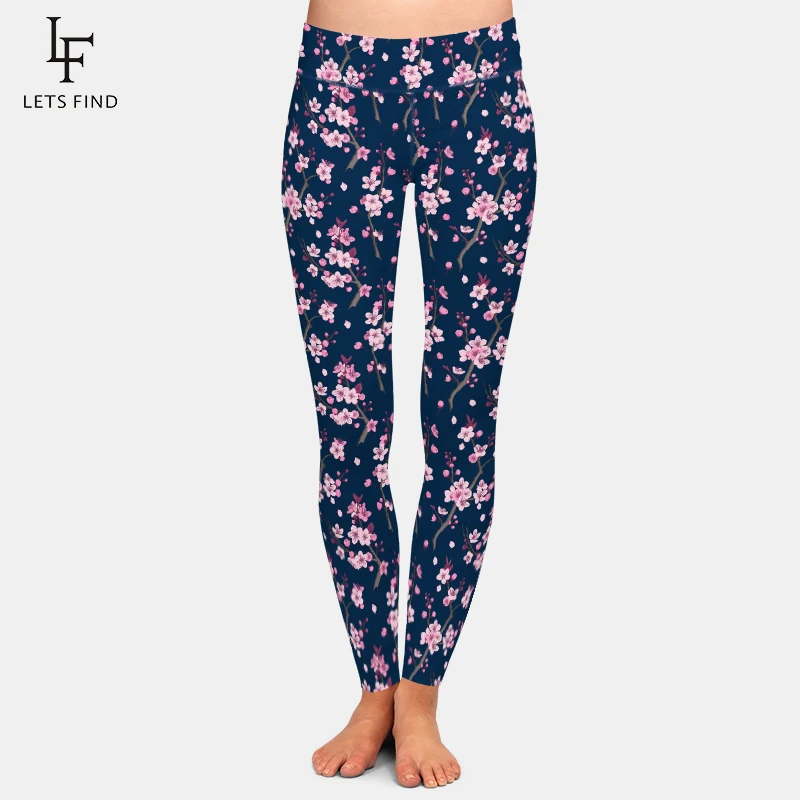 LETSFIND Fashion 3D Cherry Blossom Digital Printing Women Leggings New High Waist Soft Slim Fitness Leggings