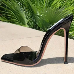 Black Gold White Shiny Patent Leather Square Peep Toe Stiletto Heels Shallow Slip On Slide Slippers Women High Heel Party Shoes