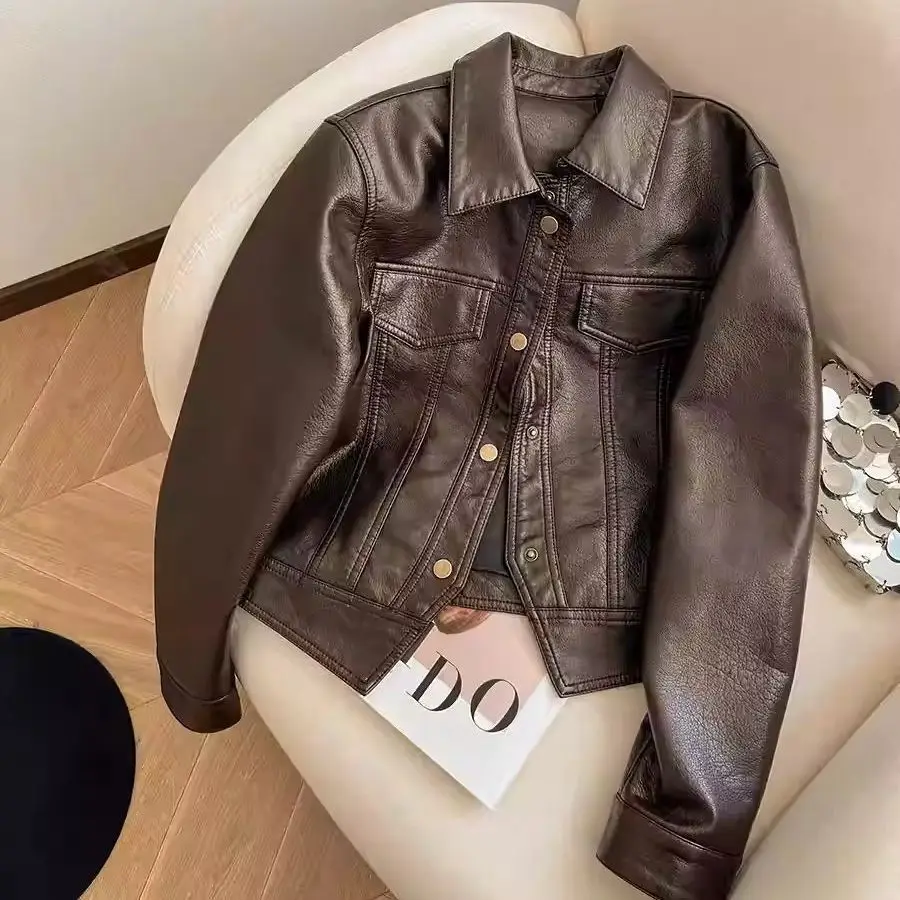 Haining PU Leather Jacket Women's 2026 Autumn New Thin Short Spring And Autumn Lapel Dopamine Leather Jacket Fashion Coat Coffee