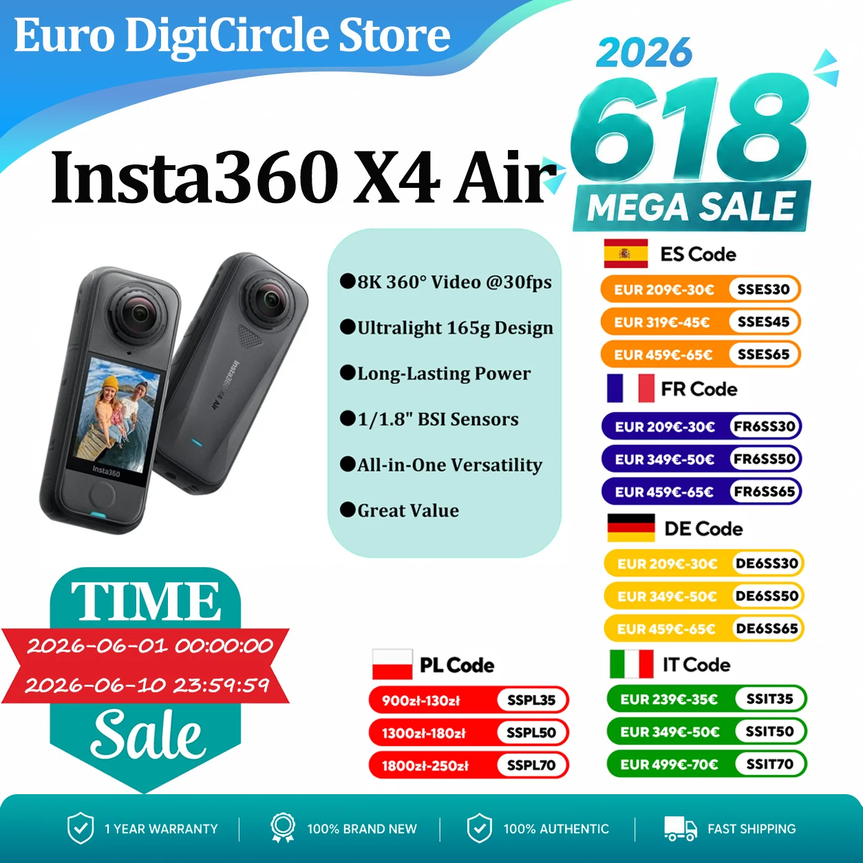 Insta360 X4 Air : caméra 360° légère de 165g, 8K, double capteur 1/1.8", batterie 88min et étanche jusqu'à 15m