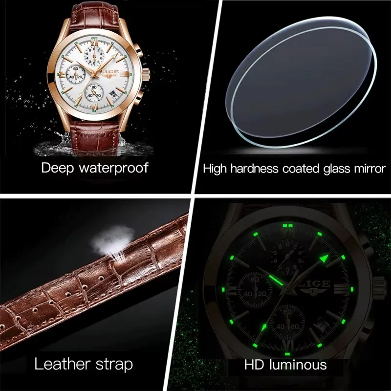 Lige relógios masculinos marca superior de luxo à prova dwaterproof água luminosa esportes homem relógio pulso quartzo militar couro genuíno dropshipping + caixa