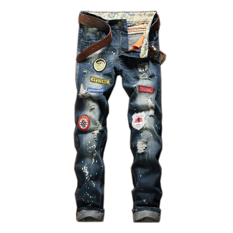 European and American Distressed and Ripped Men's Straight-leg Slimming Fashion Jeans with Badges and Splashed Ink.