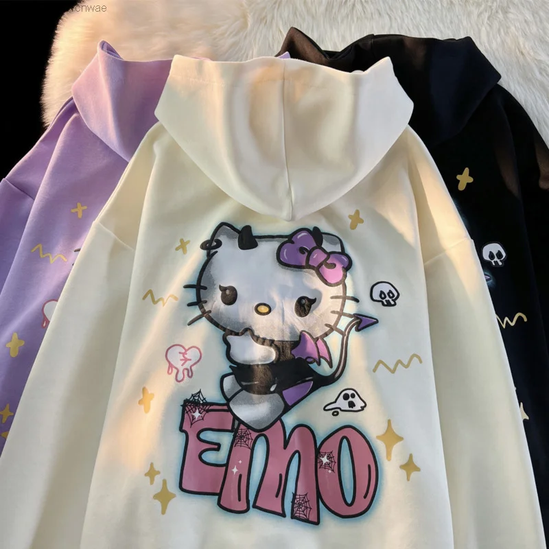 Imagem -03 - Sanrio Demon Hello Kitty Vintage Hoodie para Mulheres Cabolsa Americano Bonito com Zíper Chique Emo de Inverno Moletom Casal Halloween Yk2 Tops Y2k