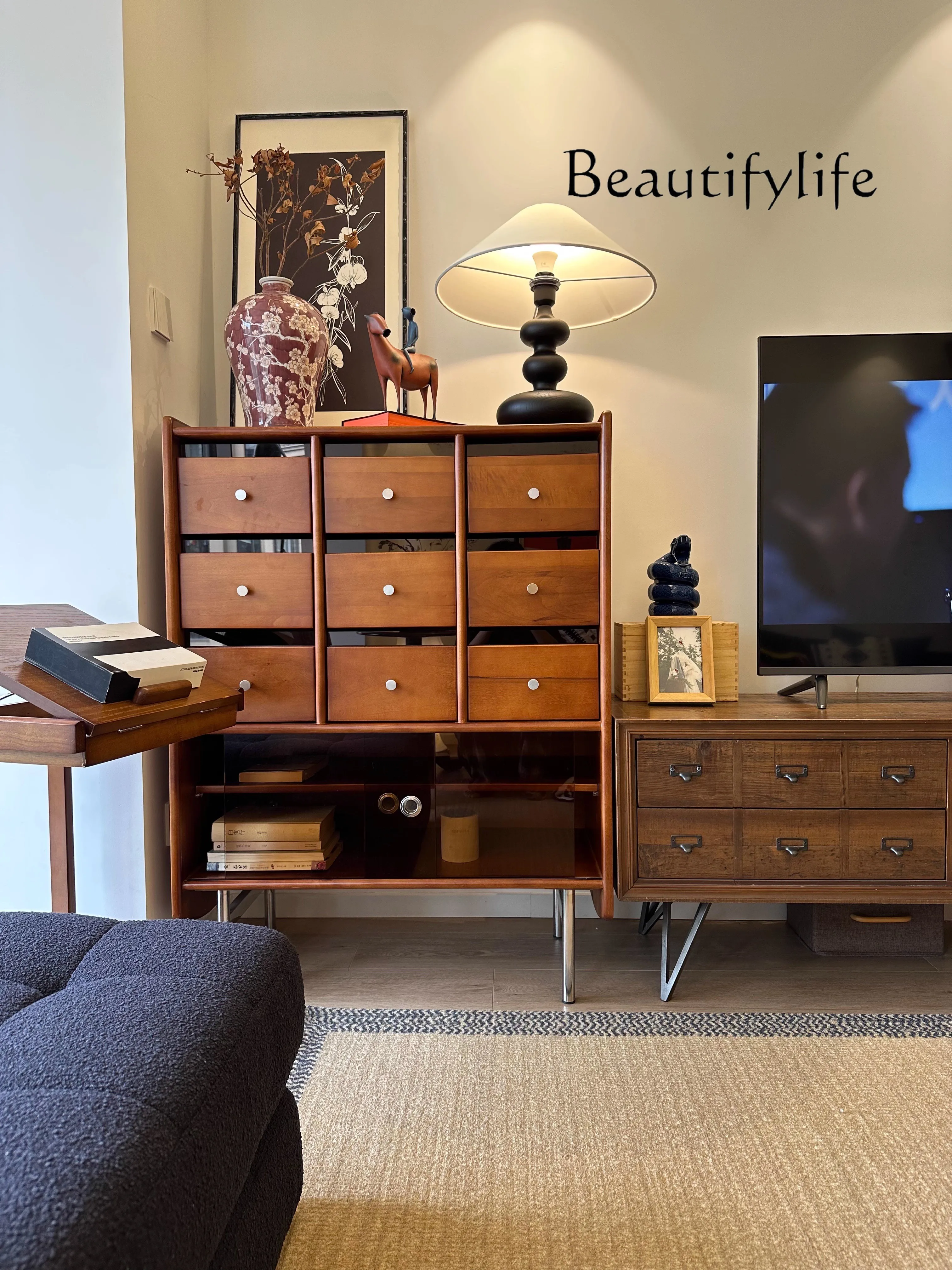 

Retro Cherrywood Drawer Sideboard Cabinet Living Room Wall Bedroom Mid-Ancient Storage Locker