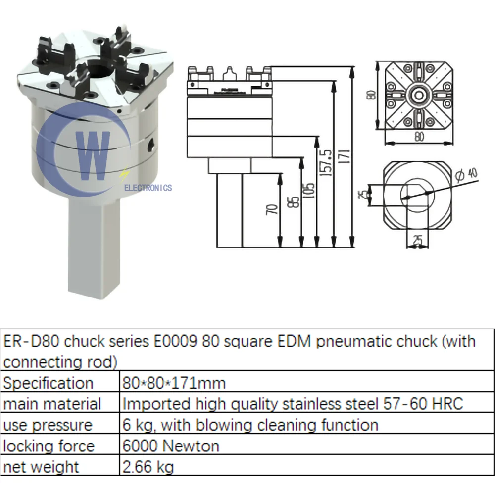 

Precision CNC Carving Chuck ER/3R Interface for EDM Spark Machine Clamping 80mm Square Pneumatic Chuck With Connecting Rod