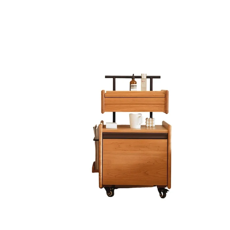 Atu roller side cabinet Solid wood sofa side table Movable living room trolley Cherry wood bedside storage