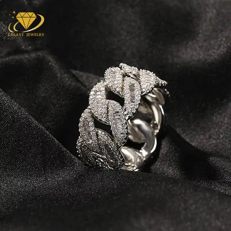 GRA Certificate 12mm Ice Out Cuban Ring Moissanite Baguette Cut Diamond Band Ring Silver 925 Moissanite Hip Hop Ring for Men