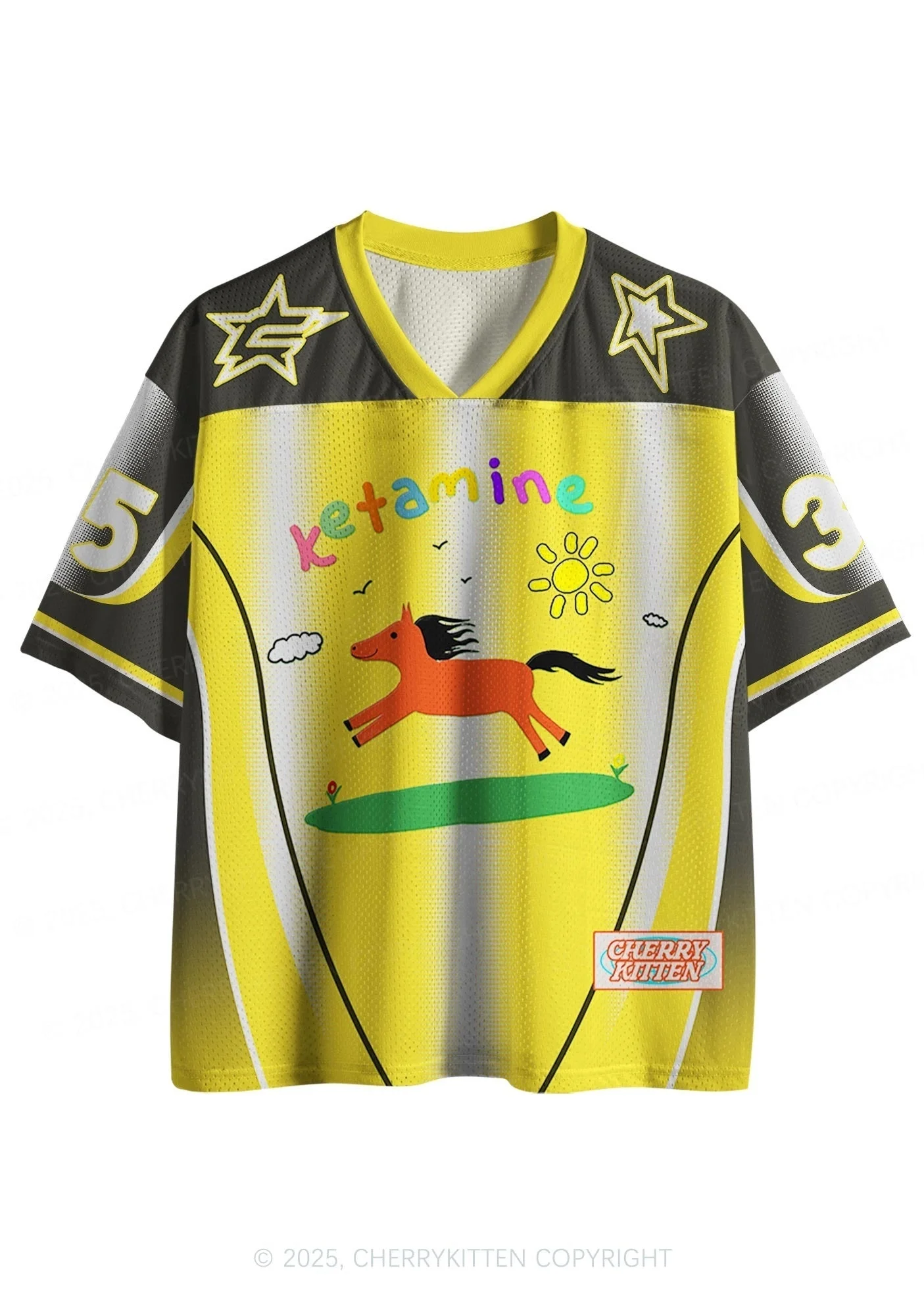2026 New Jersey Cartoon Ketamine Color Letter 35 Number Star Print Yellow Gradient Mesh V-neck T-shirt for Adults and Children
