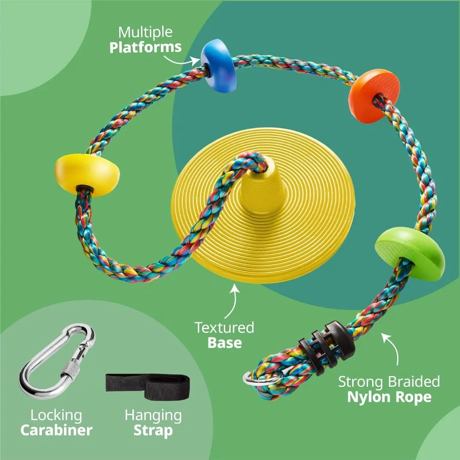 Balanço de árvore para assento de disco único e conjunto de corda de escalada arco-íris com mosquetão e alça de 2,6 pés, casa de árvore e playground ao ar livre A