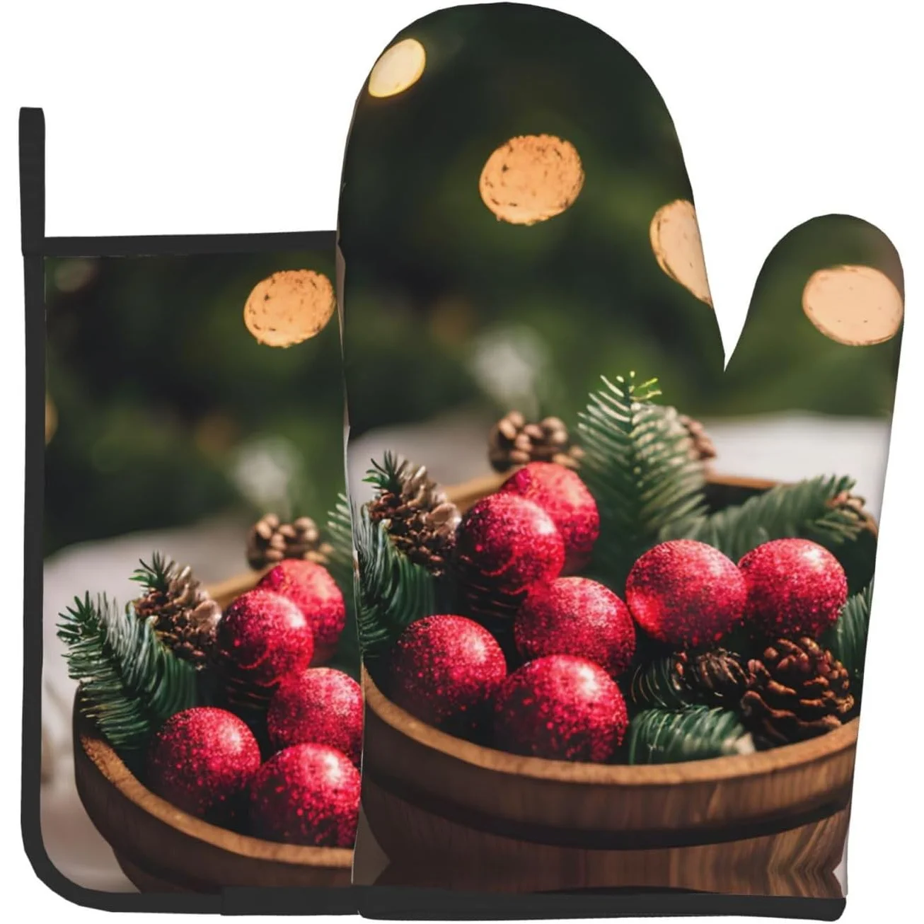 Christmas Kitchen Baking Two-Piece Set - Multipurpose Oven Gloves with Pine Cone Red Berry Design, Durable Polyester