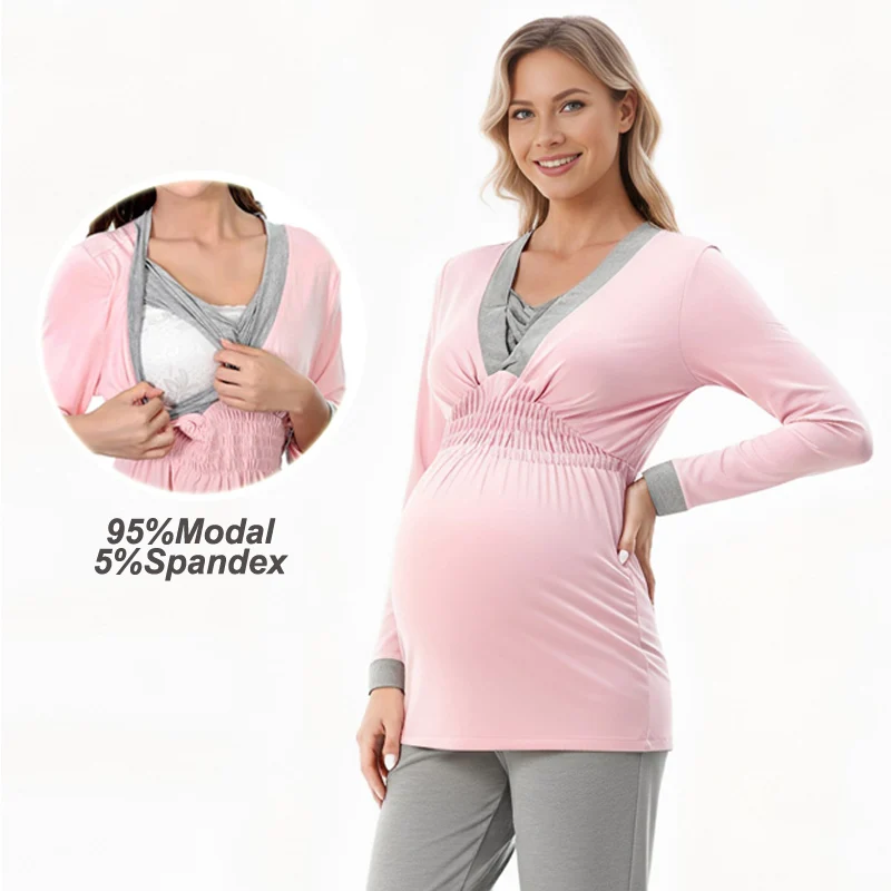 Color Block Nursing Maternity Pajama Set 3/4 Sleeve Wrap Feeding Top Adjustable Waist Pants Soft Modal Pregnant Women Loungewear