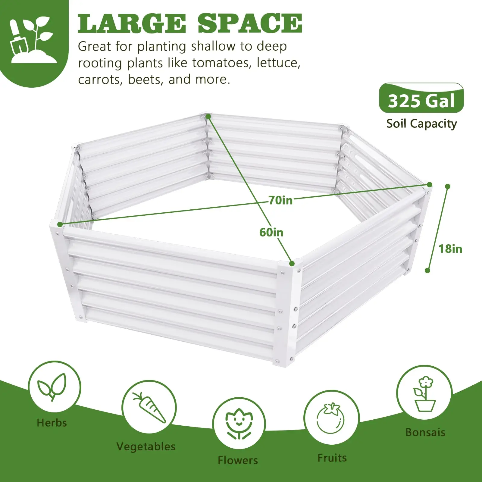 Outdoor Hexagonal Galvanized Raised Garden Bed,70x60x18 Inch Metal Planter Box Rust-Resistant and Easy to Install, Antique White