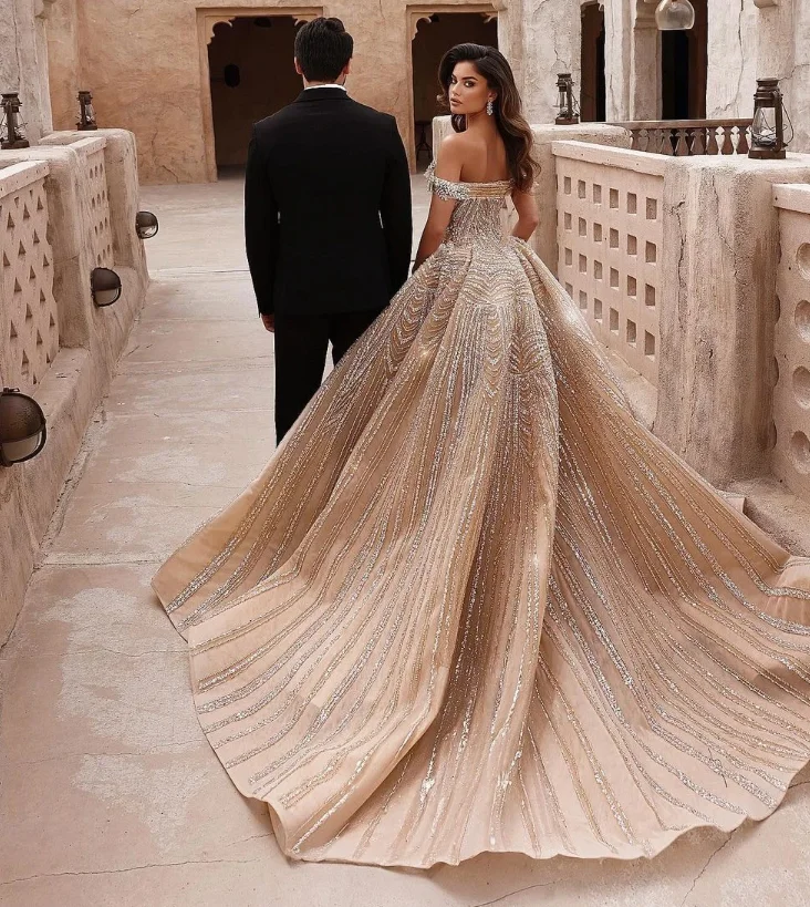 Gorgeous Crystal Champagne Mermaid Wedding Dress Off Shoulder Backless Court Train Bridal Gown Vestido De Novia Customized