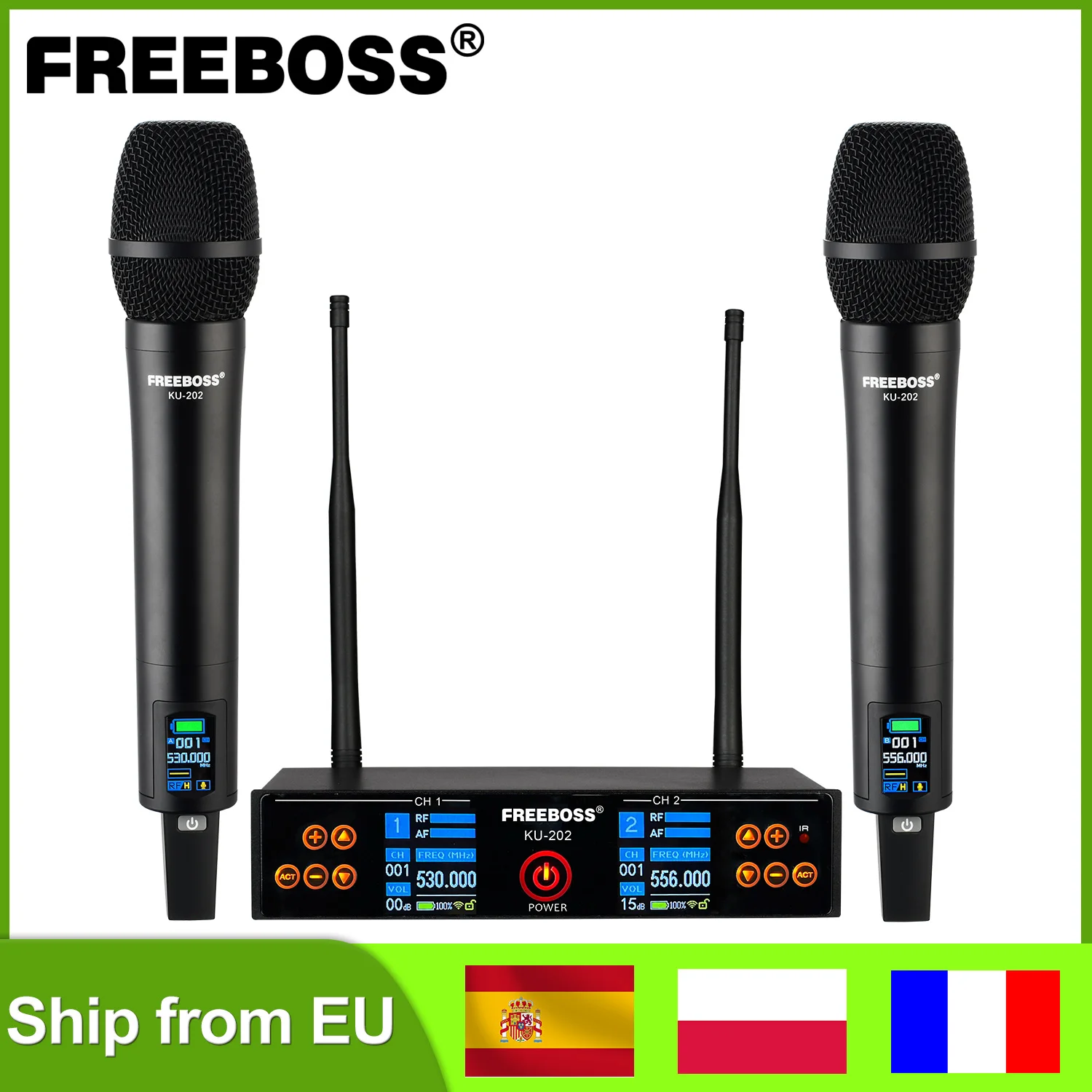 Freeboss TFT-Bildschirm, wiederaufladbares kabelloses Mikrofon, 2-Wege-UHF, einstellbare Frequenz,