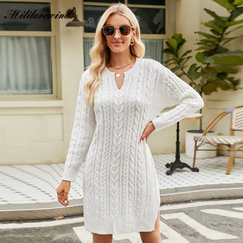 

2023 Solid Loose V Neck Sweaters Dresses Women Autumn Winter Knitted Knitwear Casual Pullover Split Korean Long Sleeve Sweaters