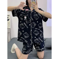 Sanrio Hello Kitty Silk Pajamas Women Summer Pure Cotton T-shirt Shory Style Breathable Women's Pajamas Homewear Pajamas Suit