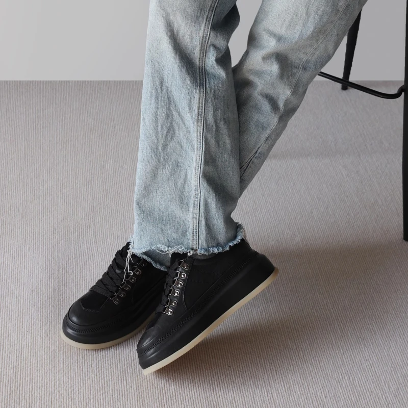 

England Horseskin Hand-sewn Black Board Shoes for Men's Horse Leather Casual Sports Shoes Comfortable Height-increasing Shoes