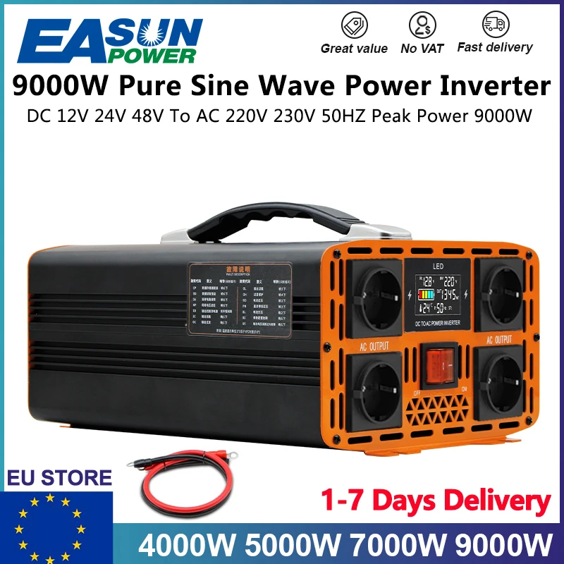 EASUN-Onduleur à onde sinusoïdale pure 7000/9000W, 12/24V DC vers 220V AC, convertisseur 50Hz pour voiture et maison