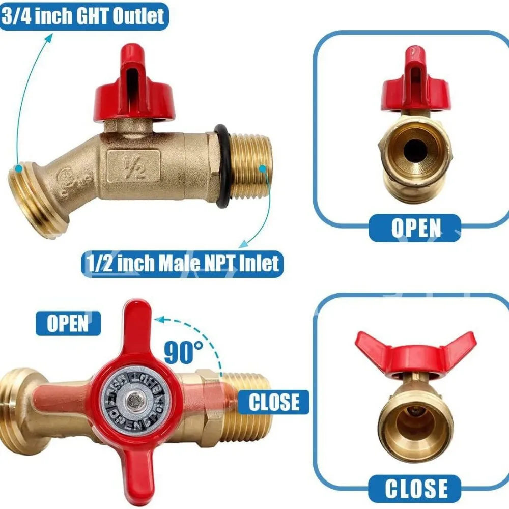 Brass Ball Valve Quarter Turn Water Tank Spigot Rain Barrel Valve with Bulkhead Fitting 1/2in Female 3/4in Male Thread