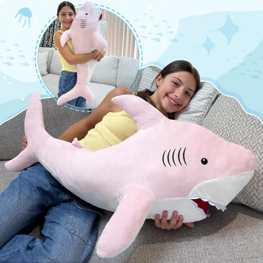ตุ๊กตาฉลามสีชมพูขนาดใหญ่ 39 นิ้ว ของขวัญสำหรับแฟนสาว ของเล่นนุ่มสำหรับตกแต่งห้องนอนและเพิ่มความสบาย