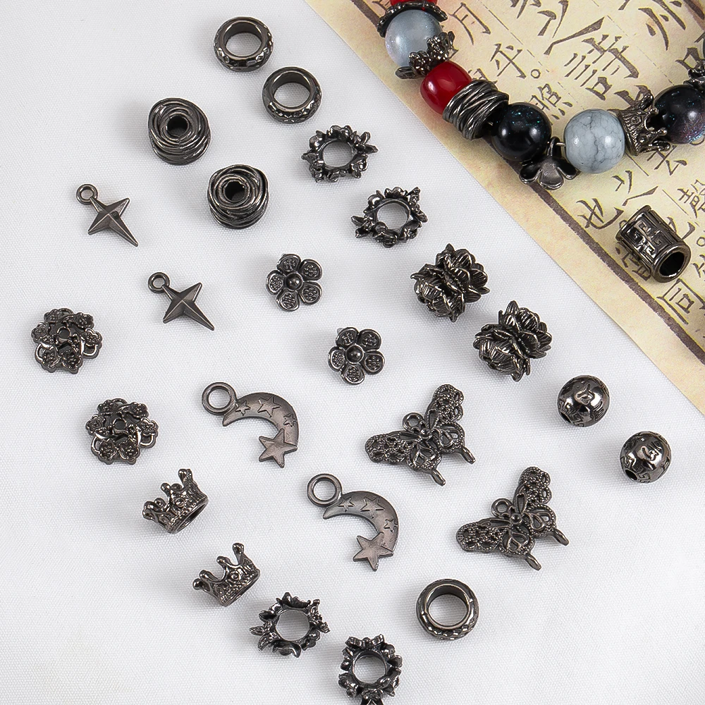 5Pcs Gun Black Alloy Vintage Crown Butterfly Moon Shape Spacer Bead For DIY Beaded Bracelet Necklace Jewelry Making Accessories