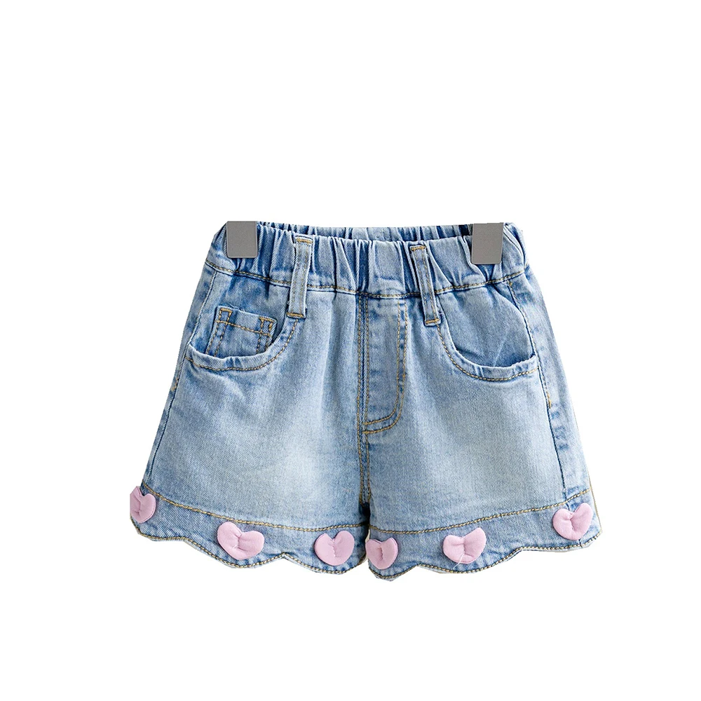 Children Girls Denim Shorts 2024 New Summer Love Heart Design Hot Pants Casual Korean Style Kids Girl Short Jeans Blue Shorts