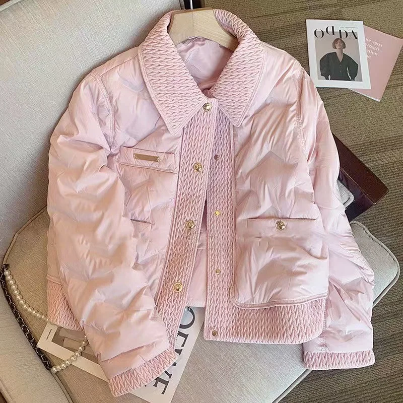 

Faionable Women's Pink Collar Cotton Jaet Sweet Warm Thiened Long Sve Winter Coat Double Button Pure Color Doll Collar