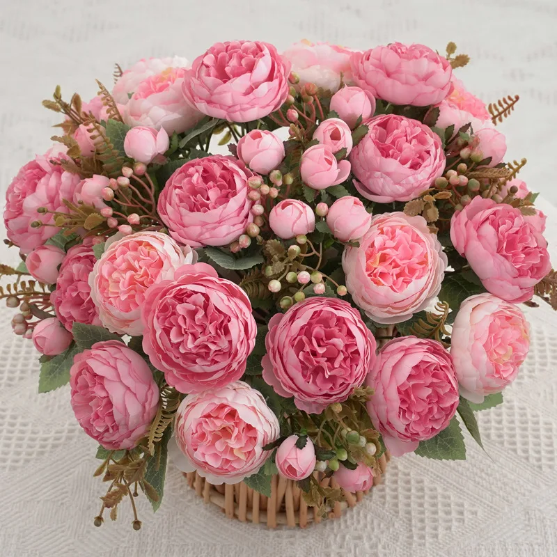 Fiori artificiali Bouquet di peonia di seta casa soggiorno decorazione simulazione fiore bocciolo di tè peonie rosa pianta verde decorazioni per feste  15