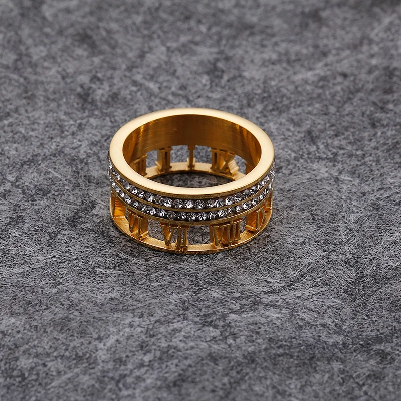 Stainless Steel Gold Silver Color Rings For Women Trendy Zircon Hollow Roman Numerals Wedding Party Finger Rings Jewelry Gifts