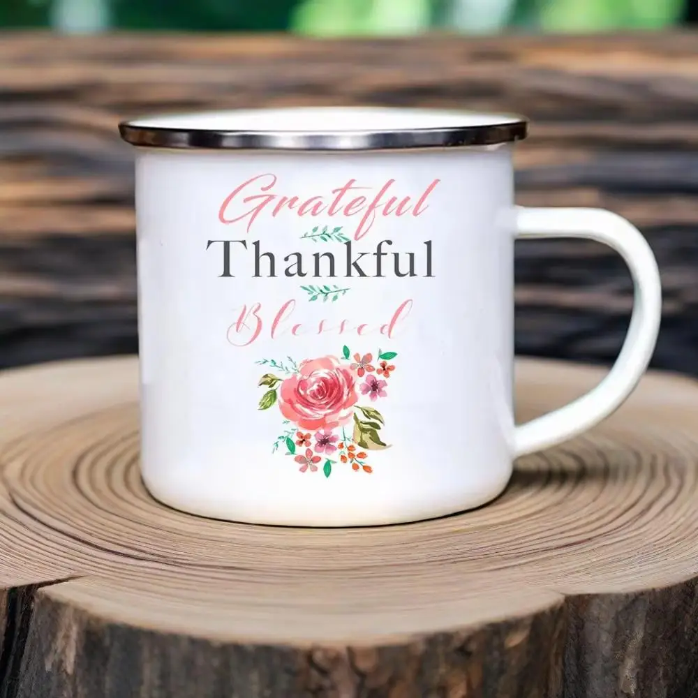Grateful Thankful Blessed Print Creative Enamel Mugs Coffee Cup Thanksgiving Party Wine Juice Mug Dessert Milk Handle Cup Gifts