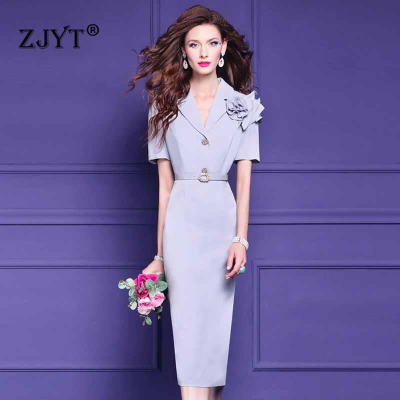 

ZJYT Fashion Summer Elegant Dresses for Women 2024 Designer Short Sleeve Appliques Midi Straight Office Work Dress Plus Size