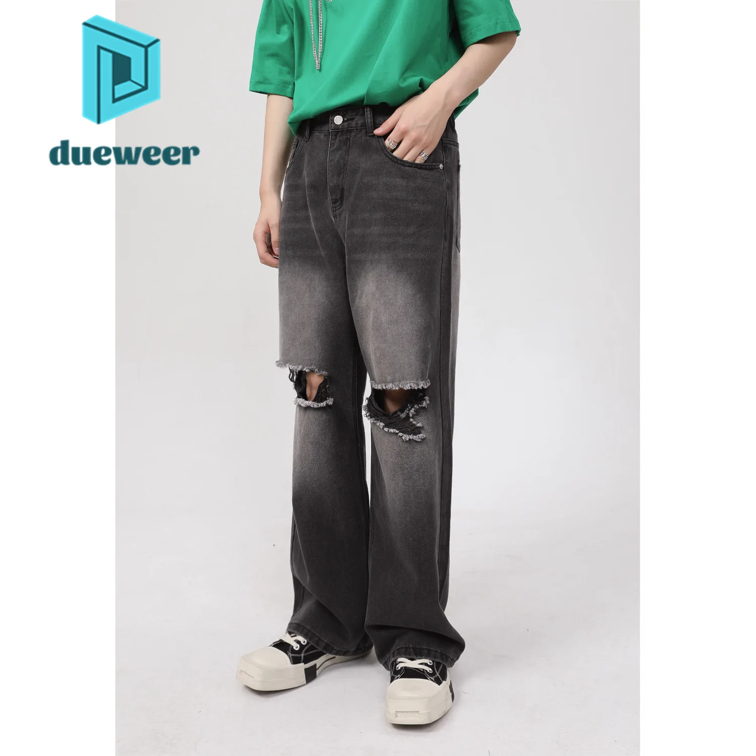 

DUEWEER Summer Mens Hole Straight Jeans Ripped Scratch High Waist Baggy Denim Pants Black Goth Distressed Hip Hop Trousers 2022