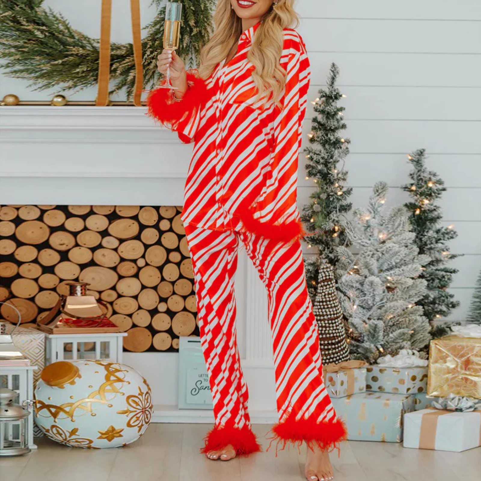 

Женский рождественский атласный комплект из 2 предметов, пижамный комплект с отделкой из перьев, блузка на пуговицах с длинными рукавами, рубашка + широкие брюки, милая одежда для сна для отдыха